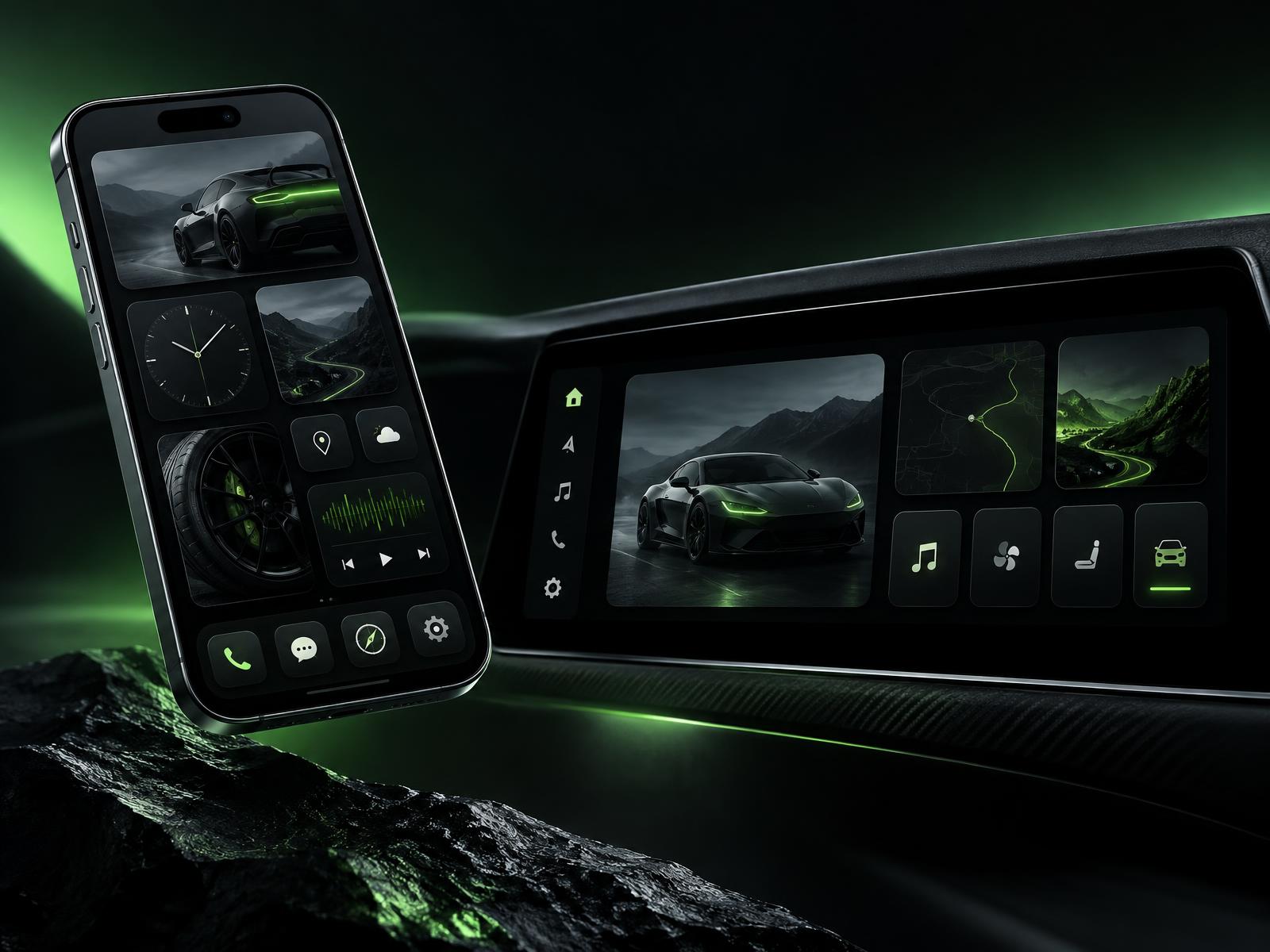 Dashly-style car widgets on an iPhone and an in-car display